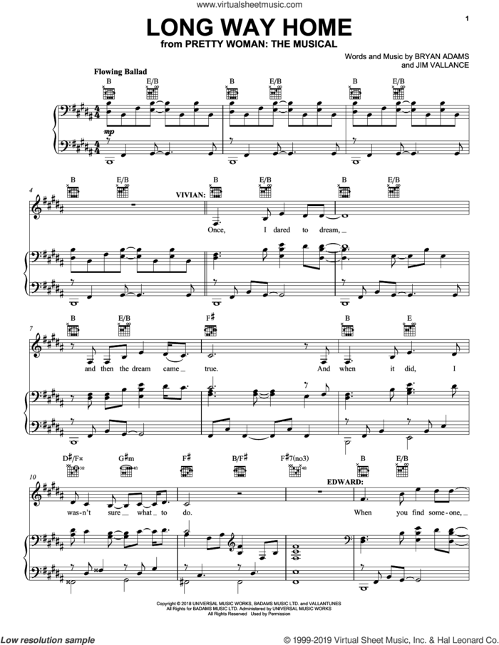 Long Way Home (from Pretty Woman: The Musical) sheet music for voice, piano or guitar by Bryan Adams & Jim Vallance, intermediate skill level