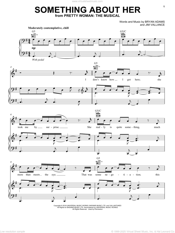 Something About Her (from Pretty Woman: The Musical) sheet music for voice, piano or guitar by Bryan Adams & Jim Vallance, intermediate skill level