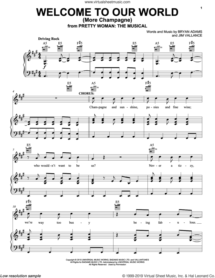 Welcome To Our World (More Champagne) (from Pretty Woman: The Musical) sheet music for voice, piano or guitar by Bryan Adams & Jim Vallance, intermediate skill level