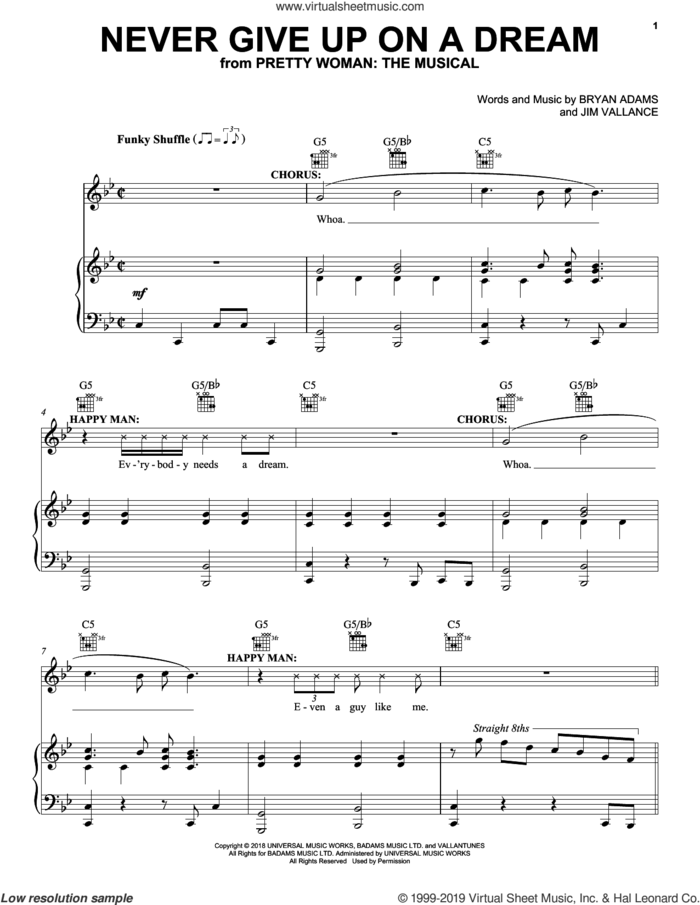 Never Give Up On A Dream (from Pretty Woman: The Musical) sheet music for voice, piano or guitar by Bryan Adams & Jim Vallance, intermediate skill level