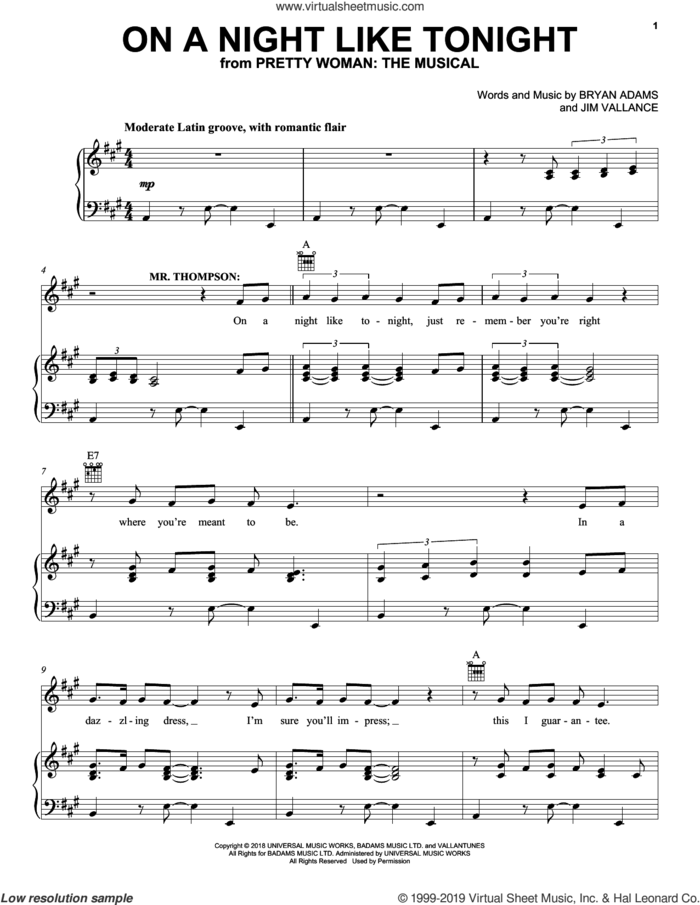On A Night Like Tonight (from Pretty Woman: The Musical) sheet music for voice, piano or guitar by Bryan Adams & Jim Vallance, intermediate skill level