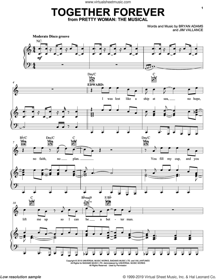 Together Forever (from Pretty Woman: The Musical) sheet music for voice, piano or guitar by Bryan Adams & Jim Vallance, intermediate skill level