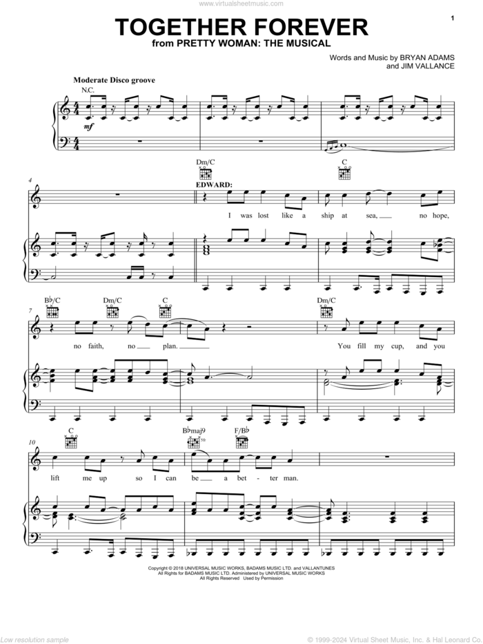 Together Forever (from Pretty Woman: The Musical) sheet music for voice, piano or guitar by Bryan Adams & Jim Vallance, intermediate skill level