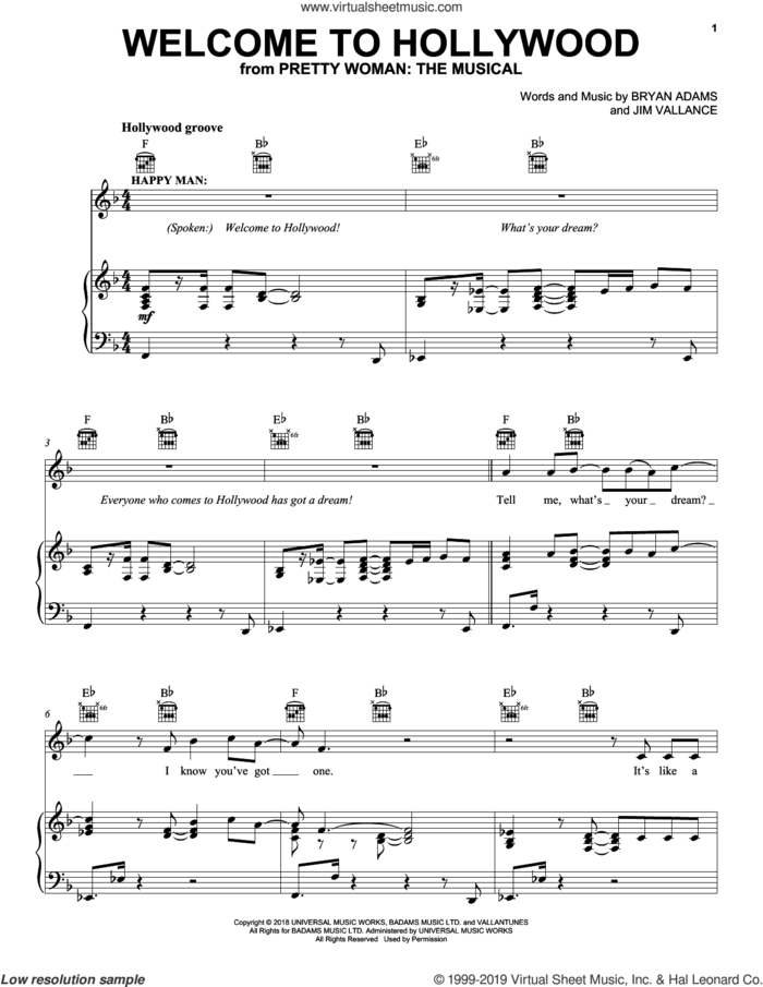 Welcome To Hollywood (from Pretty Woman: The Musical) sheet music for voice, piano or guitar by Bryan Adams & Jim Vallance, intermediate skill level