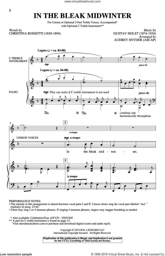 In The Bleak Midwinter sheet music for choir (Unison) by Gustav Holst, Audrey Snyder and Christina Rossetti, intermediate skill level