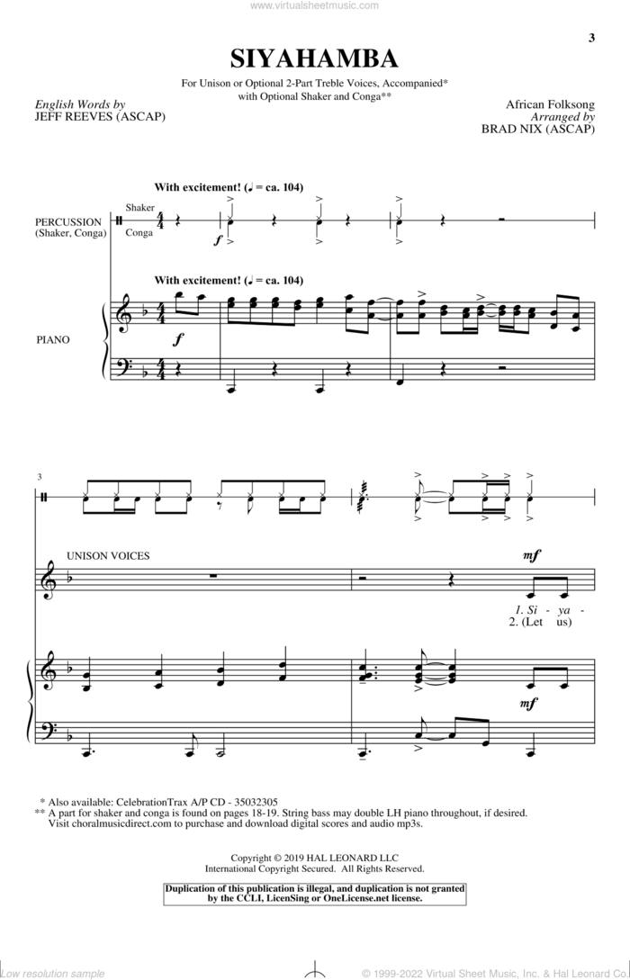 Siyahamba sheet music for choir (Unison) by Jeff Reeves, Brad Nix and Miscellaneous, intermediate skill level