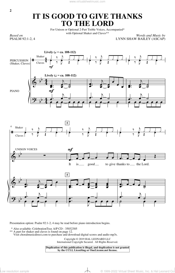It Is Good To Give Thanks To The Lord sheet music for choir (Unison) by Lynn Shaw Bailey and Psalm 92, intermediate skill level