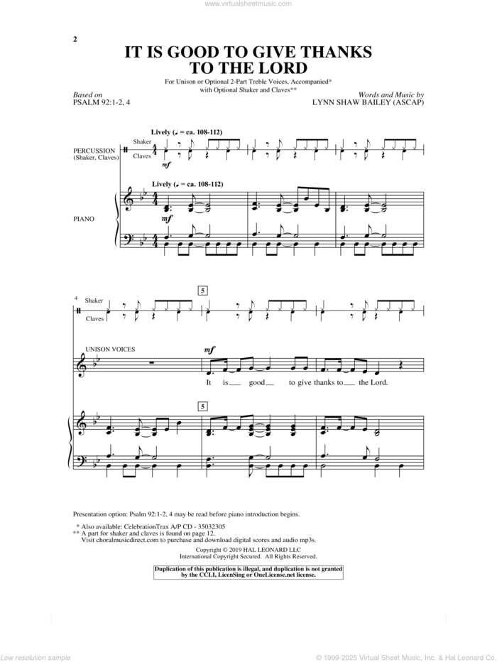 It Is Good To Give Thanks To The Lord sheet music for choir (Unison/Opt. 2-Part) by Lynn Shaw Bailey and Psalm 92, intermediate skill level