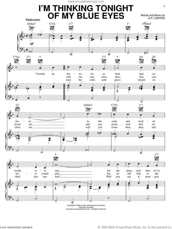 I'm Thinking Tonight Of My Blue Eyes sheet music for voice, piano or guitar by Gene Autry and A.P. Carter, intermediate skill level