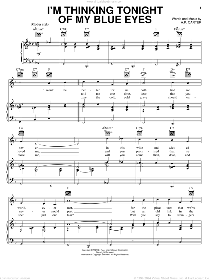 I'm Thinking Tonight Of My Blue Eyes sheet music for voice, piano or guitar by Gene Autry and A.P. Carter, intermediate skill level