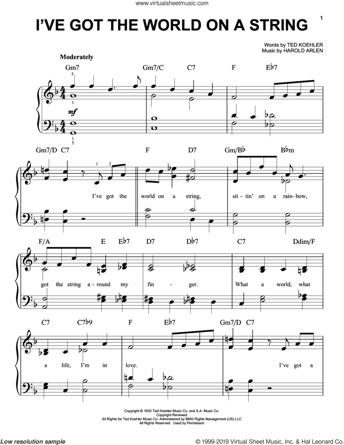 I've Got The World On A String sheet music for piano solo by Harold Arlen, Dick Hyman and Ted Koehler, easy skill level