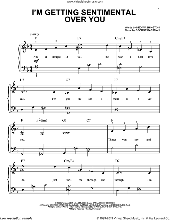 I'm Getting Sentimental Over You sheet music for piano solo by Ned Washington and George Bassman, easy skill level
