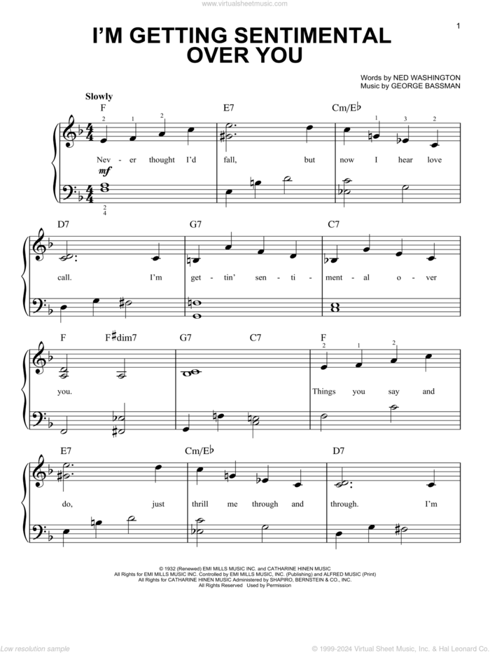 I'm Getting Sentimental Over You sheet music for piano solo by Ned Washington and George Bassman, easy skill level