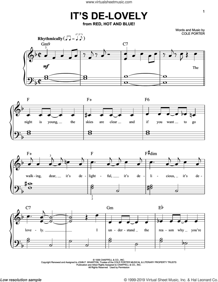 It's De-Lovely sheet music for piano solo by Cole Porter, easy skill level