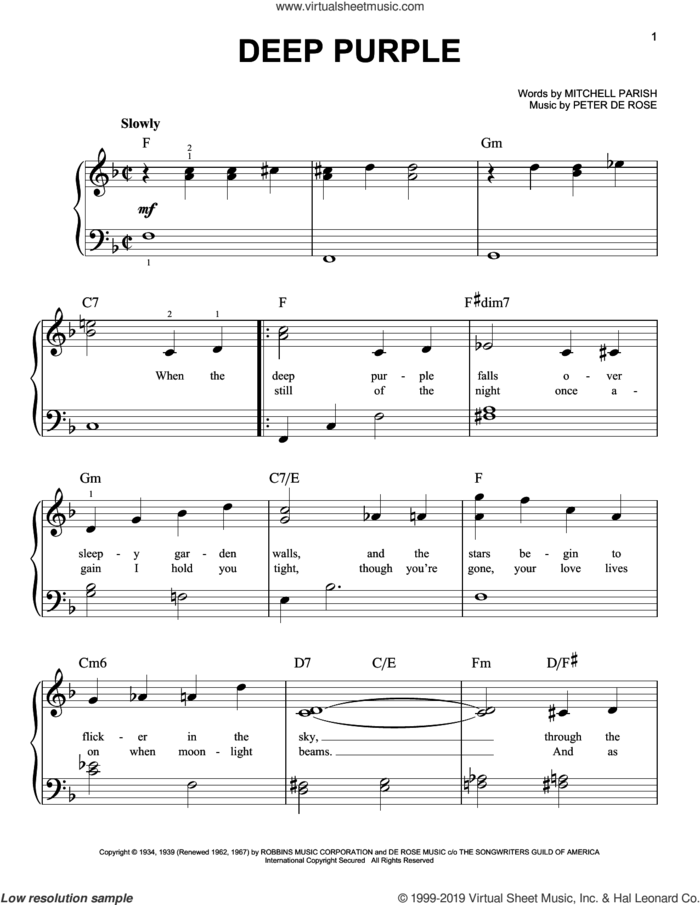 Deep Purple sheet music for piano solo by Nino Tempo & April Stevens, Mitchell Parish and Peter DeRose, easy skill level