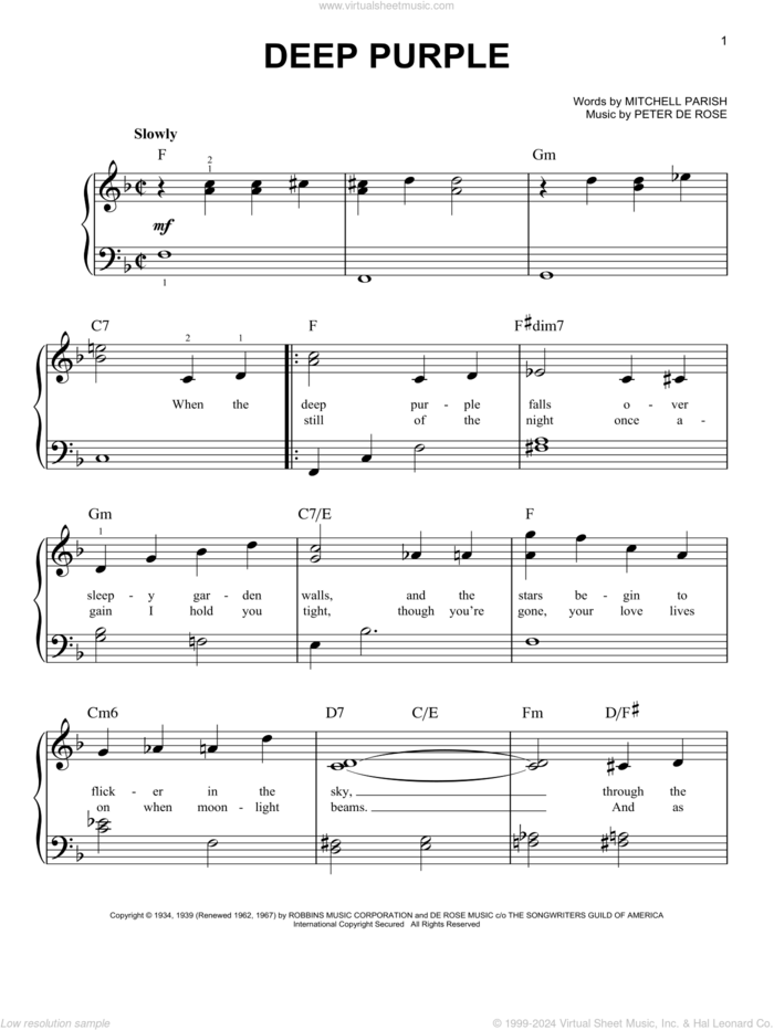 Deep Purple sheet music for piano solo by Nino Tempo & April Stevens, Mitchell Parish and Peter DeRose, easy skill level