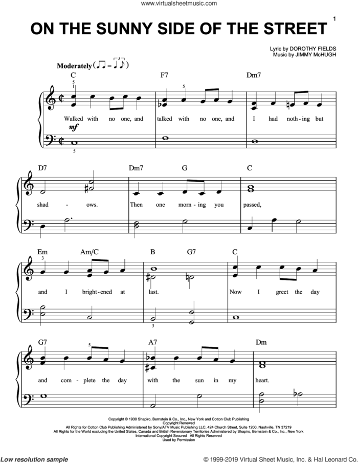 On The Sunny Side Of The Street, (easy) sheet music for piano solo by Dorothy Fields and Jimmy McHugh, easy skill level
