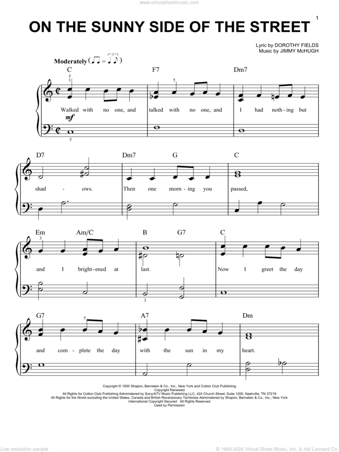 On The Sunny Side Of The Street, (easy) sheet music for piano solo by Dorothy Fields and Jimmy McHugh, easy skill level