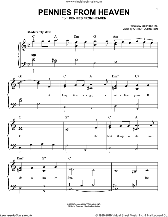 Pennies From Heaven sheet music for piano solo by John Burke and Arthur Johnston, easy skill level