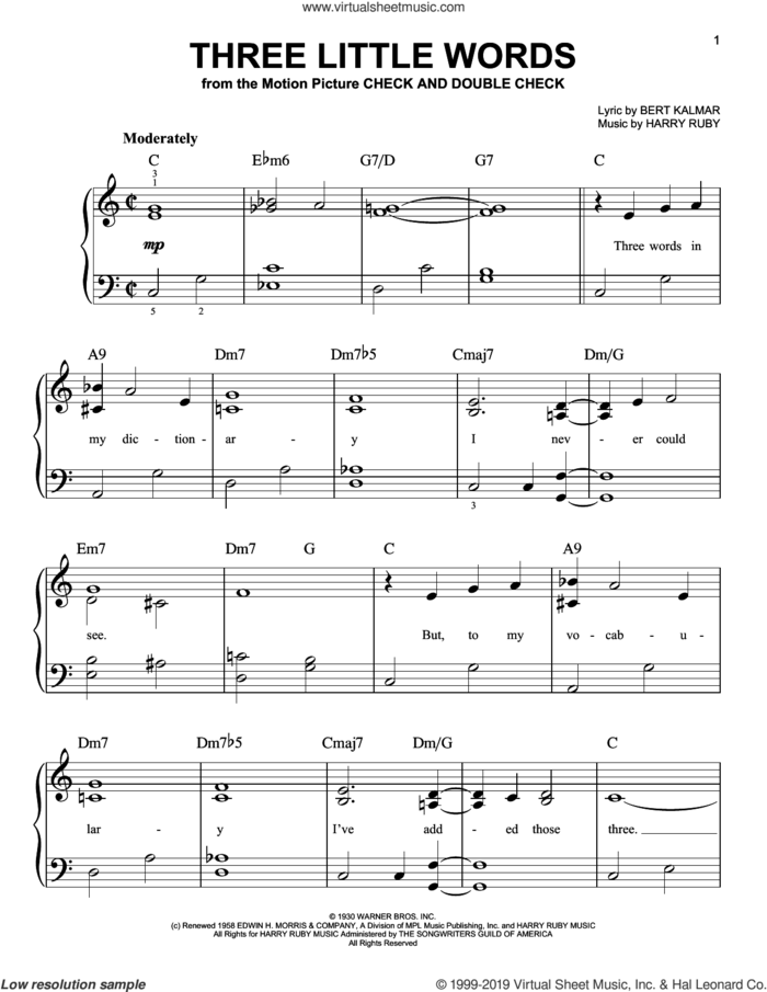 Three Little Words sheet music for piano solo by Harry Ruby and Bert Kalmar, easy skill level