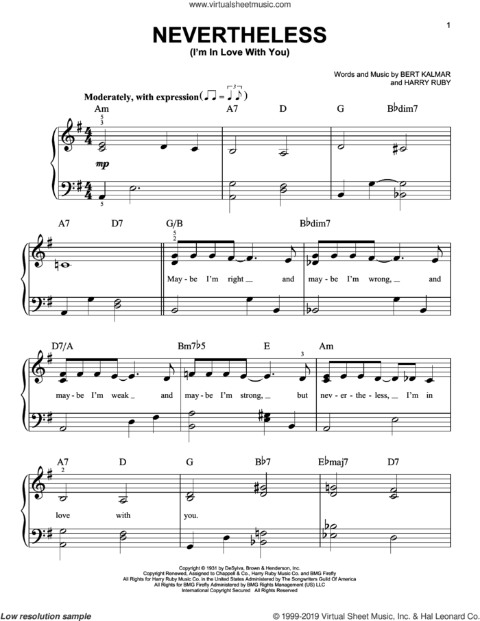 Nevertheless (I'm In Love With You) sheet music for piano solo by Harry Ruby and Bert Kalmar, easy skill level