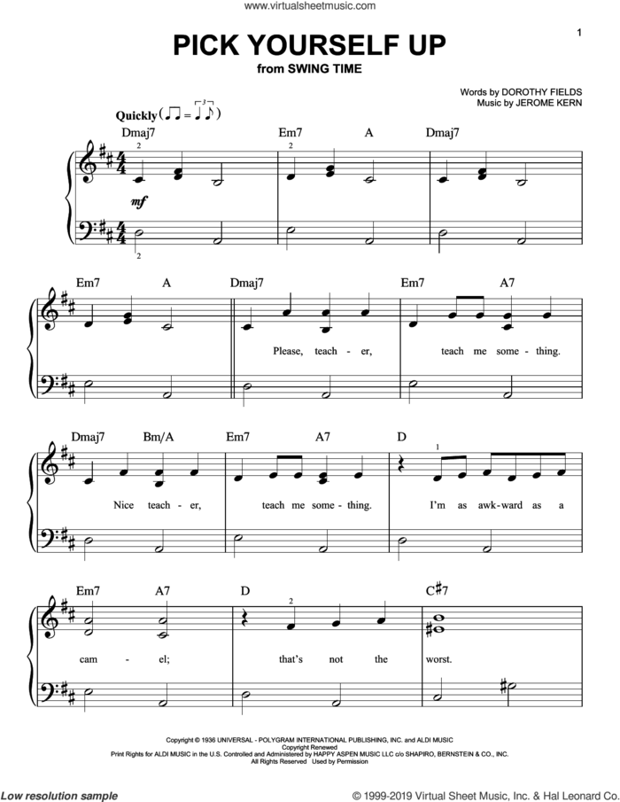 Pick Yourself Up, (easy) sheet music for piano solo by Jerome Kern and Dorothy Fields, easy skill level