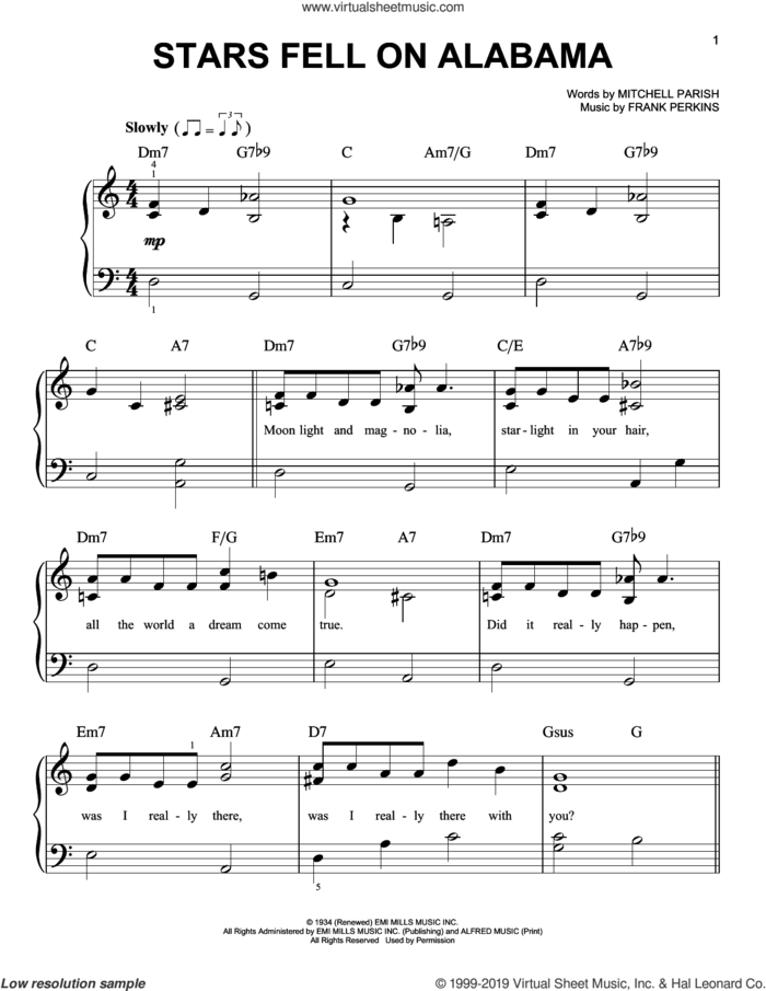 Stars Fell On Alabama sheet music for piano solo by Mitchell Parish and Frank Perkins, easy skill level