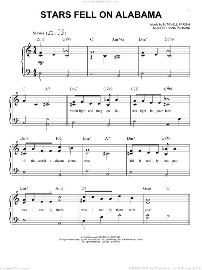 Stars Fell On Alabama sheet music for piano solo by Mitchell Parish and Frank Perkins, easy skill level