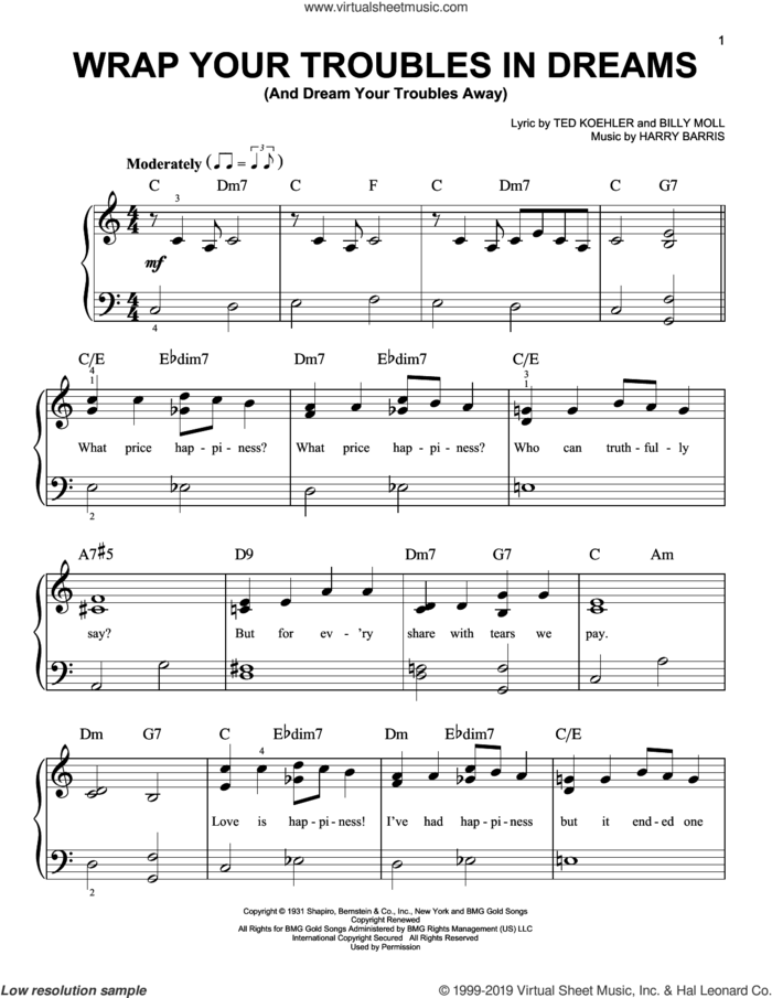 Wrap Your Troubles In Dreams (And Dream Your Troubles Away) sheet music for piano solo by Ted Koehler, Billy Moll and Harry Barris, easy skill level