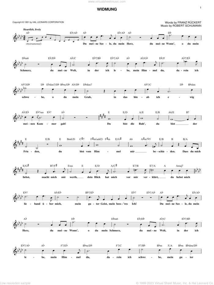 Widmung sheet music for voice and other instruments (fake book) by Robert Schumann and Franz Ruckert, classical wedding score, intermediate skill level