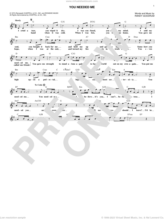 You Needed Me sheet music for voice and other instruments (fake book) by Randy Goodrum and Anne Murray, intermediate skill level
