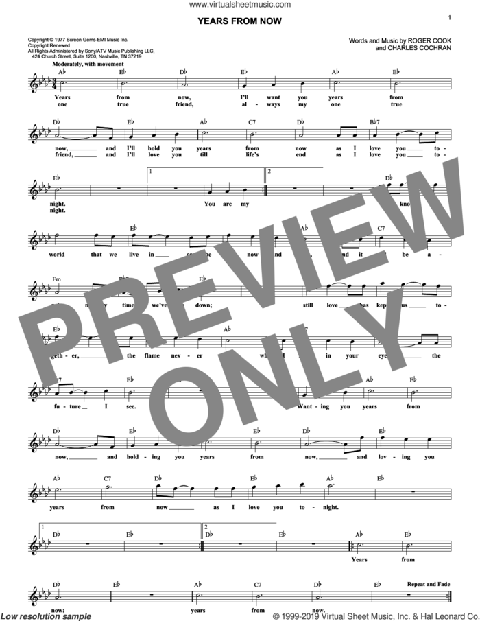 Years From Now sheet music for voice and other instruments (fake book) by Roger Cook, Dr. Hook and Charles Cochran, wedding score, intermediate skill level