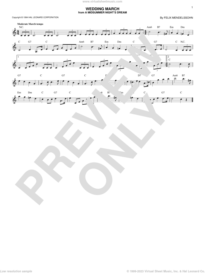 Wedding March sheet music for voice and other instruments (fake book) by Felix Mendelssohn-Bartholdy, classical wedding score, intermediate skill level