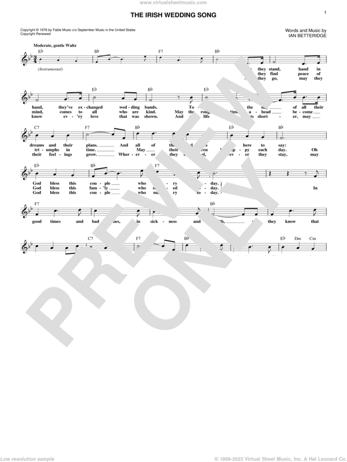 The Irish Wedding Song sheet music for voice and other instruments (fake book) by Ian Betteridge, wedding score, intermediate skill level