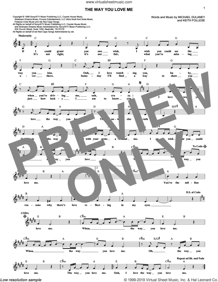 The Way You Love Me sheet music for voice and other instruments (fake book) by Faith Hill, Keith Follese and Michael Dulaney, intermediate skill level