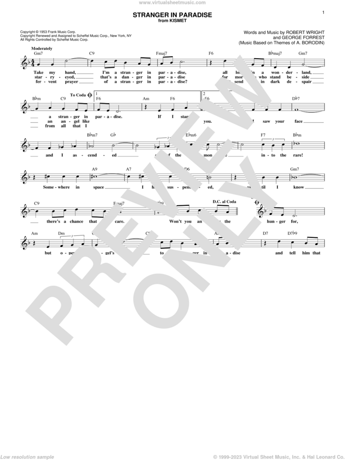 Stranger In Paradise sheet music for voice and other instruments (fake book) by Robert Wright and George Forrest, intermediate skill level