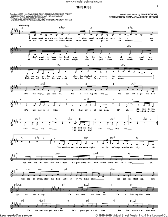 This Kiss sheet music for voice and other instruments (fake book) by Faith Hill, Annie Roboff, Beth Nielsen Chapman and Robin Lerner, intermediate skill level