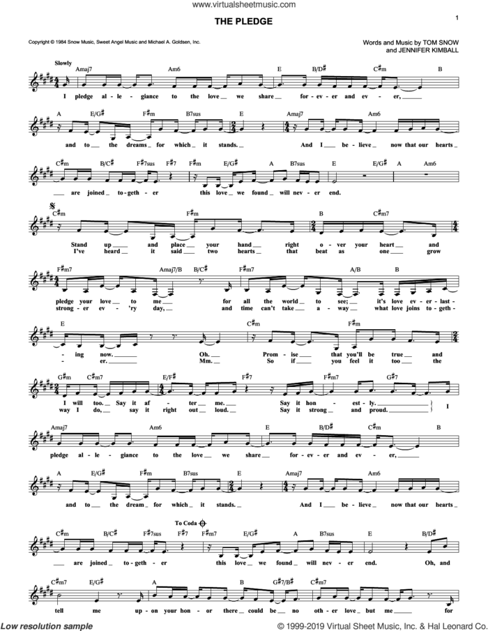 The Pledge sheet music for voice and other instruments (fake book) by Tom Snow and Jennifer Kimball, wedding score, intermediate skill level