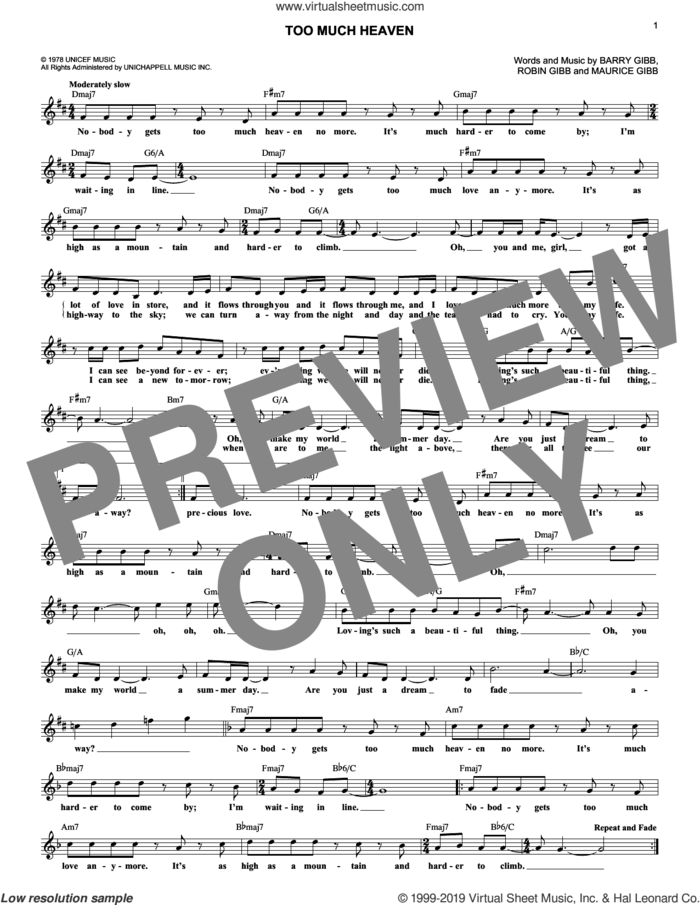 Too Much Heaven sheet music for voice and other instruments (fake book) by Bee Gees, Barry Gibb, Maurice Gibb and Robin Gibb, intermediate skill level