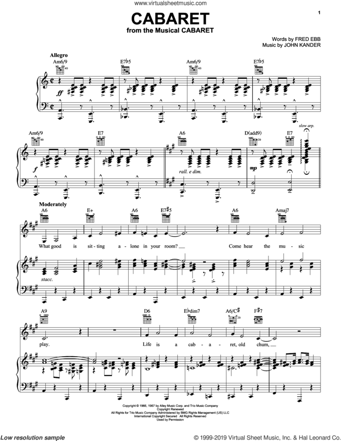 Cabaret sheet music for voice, piano or guitar by John Kander, Herb Alpert & The Tijuana Brass and Fred Ebb, intermediate skill level