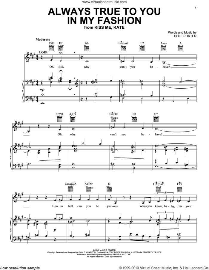Always True To You In My Fashion (from Kiss Me, Kate) sheet music for voice, piano or guitar by Cole Porter, Ann Miller & Tommy Rall, Jane Harvey and Jo Stafford, intermediate skill level
