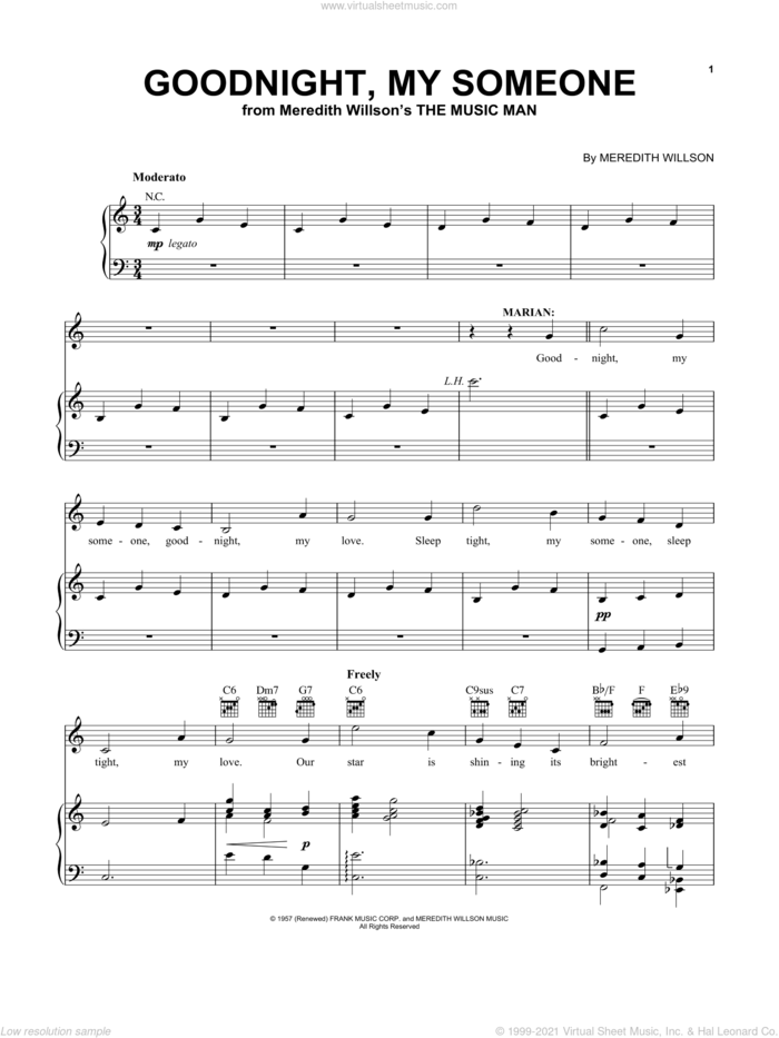 Goodnight, My Someone sheet music for voice, piano or guitar by Meredith Willson, intermediate skill level