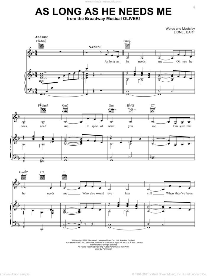 As Long As He Needs Me sheet music for voice, piano or guitar by Lionel Bart, intermediate skill level