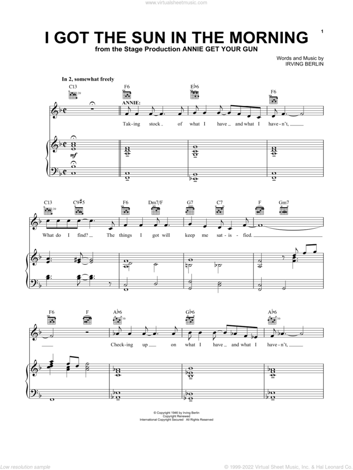 I Got The Sun In The Morning sheet music for voice, piano or guitar by Irving Berlin, intermediate skill level