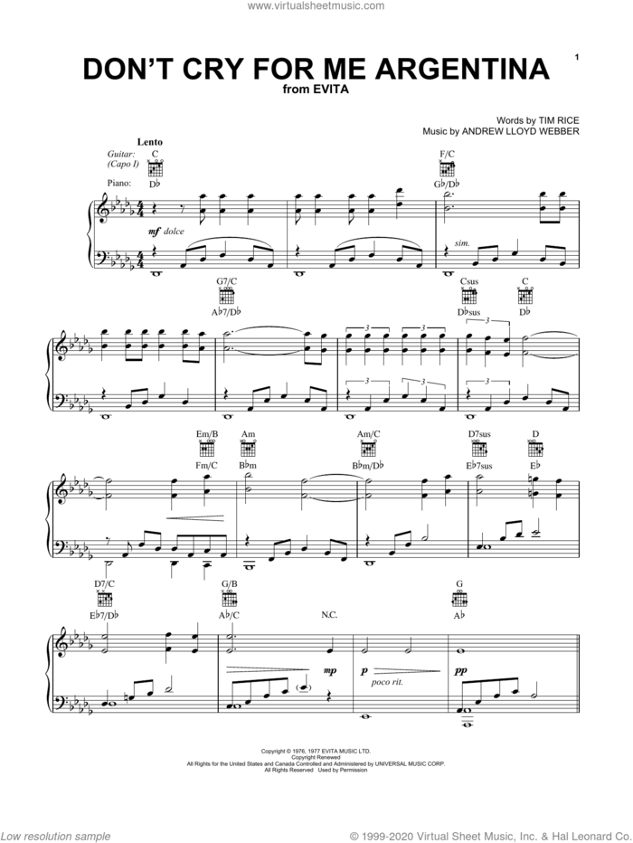 Don't Cry For Me Argentina sheet music for voice, piano or guitar by Andrew Lloyd Webber, Festival, Madonna and Tim Rice, intermediate skill level