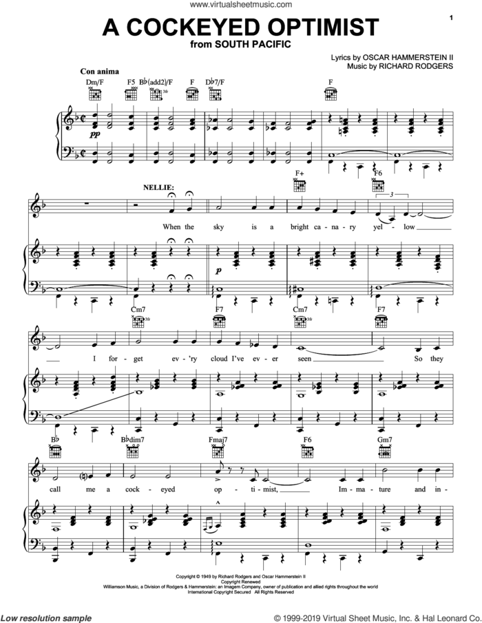 A Cockeyed Optimist sheet music for voice, piano or guitar by Richard Rodgers, Marty Martin, Mitzi Gaynor, Oscar II Hammerstein and Rogers & Hammerstein, intermediate skill level