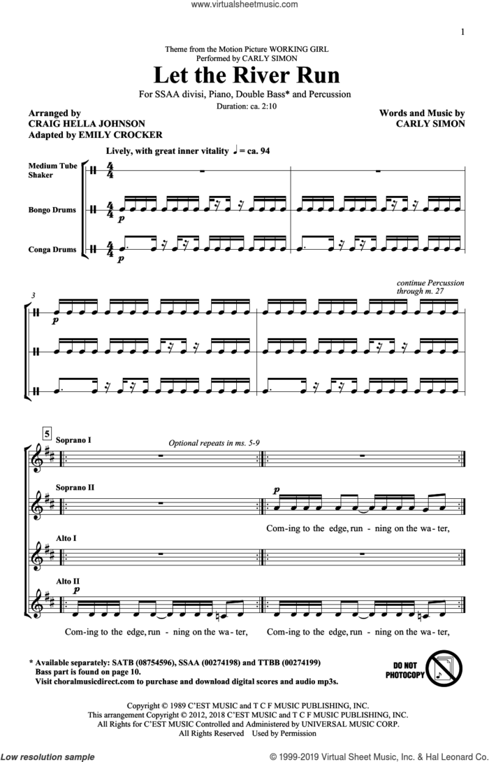 Let The River Run (arr. Craig Hella Johnson) sheet music for choir (SSA: soprano, alto) by Carly Simon, Craig Hella Johnson and Emily Crocker, intermediate skill level