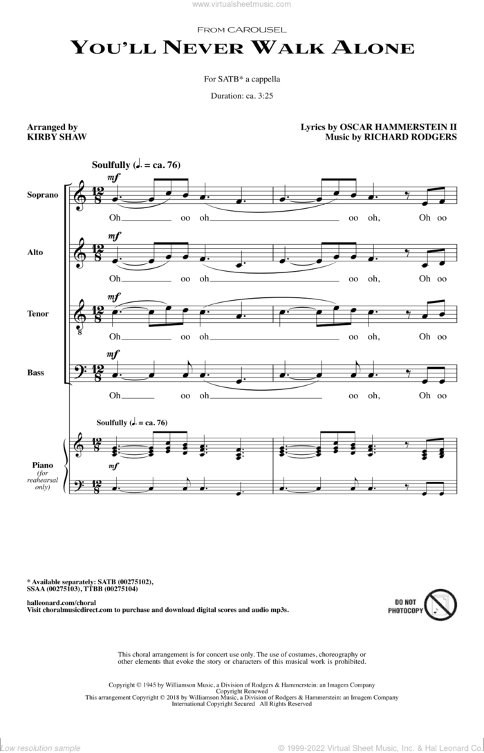 You'll Never Walk Alone (arr. Kirby Shaw) sheet music for choir (SATB: soprano, alto, tenor, bass) by Rodgers & Hammerstein, Kirby Shaw, Oscar II Hammerstein and Richard Rodgers, intermediate skill level