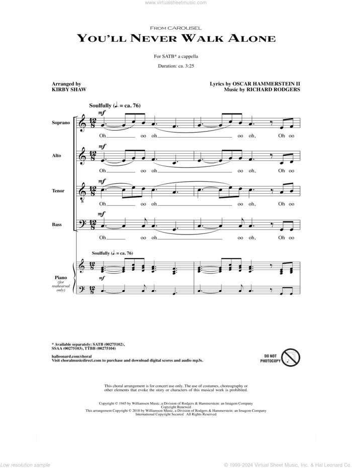 You'll Never Walk Alone (arr. Kirby Shaw) sheet music for choir (SATB: soprano, alto, tenor, bass) by Rodgers & Hammerstein, Kirby Shaw, Oscar II Hammerstein and Richard Rodgers, intermediate skill level