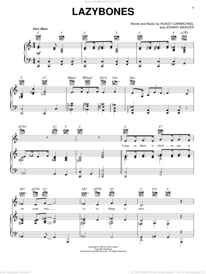 Lazybones sheet music for voice, piano or guitar by Hoagy Carmichael, Louis Armstrong, Paul Robeson and Johnny Mercer, intermediate skill level